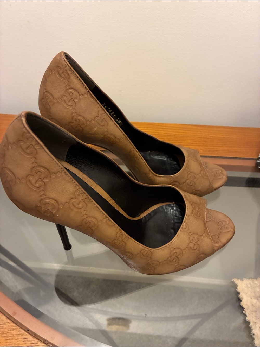 Gucci Tan Embossed GG Peep-Toe Stiletto Pumps